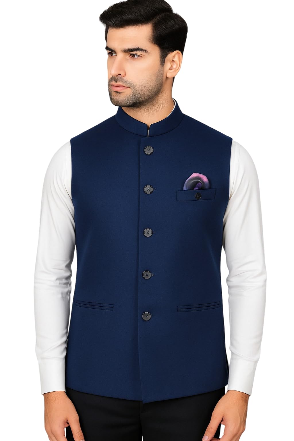 MEN 'S NEHRU MODHI JACKET (WAISTCOAT) - ALONG WITH INNER POCKET PREMIUM FABRIC WITH WOOL BLEND LINING STYLISH SLEEVELESS REGULAR FIT WAISTCOAT FOR FESTIVELS- FORMAL AND CASUAL (BLUE-38)
