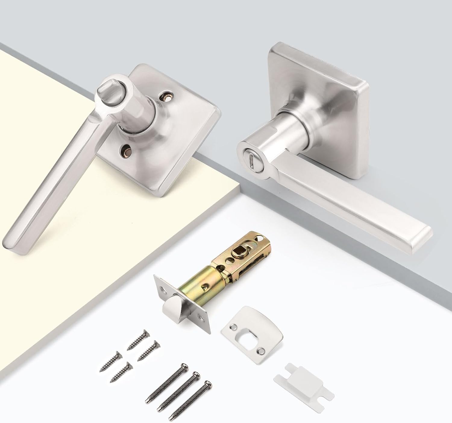 GOBEKOR 3 Pack Brushed Nickel Interior Door Handles Nickel Privacy Door Levers Keyless Bedroom Bathroom Door Handle with Lock Square Door Knobs Privacy Lever Door Handles
