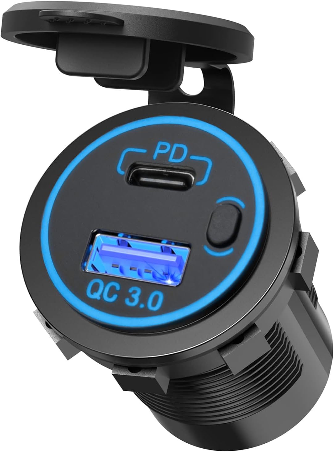 MGI SpeedWare Dual USB Port Charger Socket for Cars Boat and Trucks, 12V 24V 36W PD Type-C Socket + QC3.0 Quick-Charge, with Start Button and Blue LED Ring