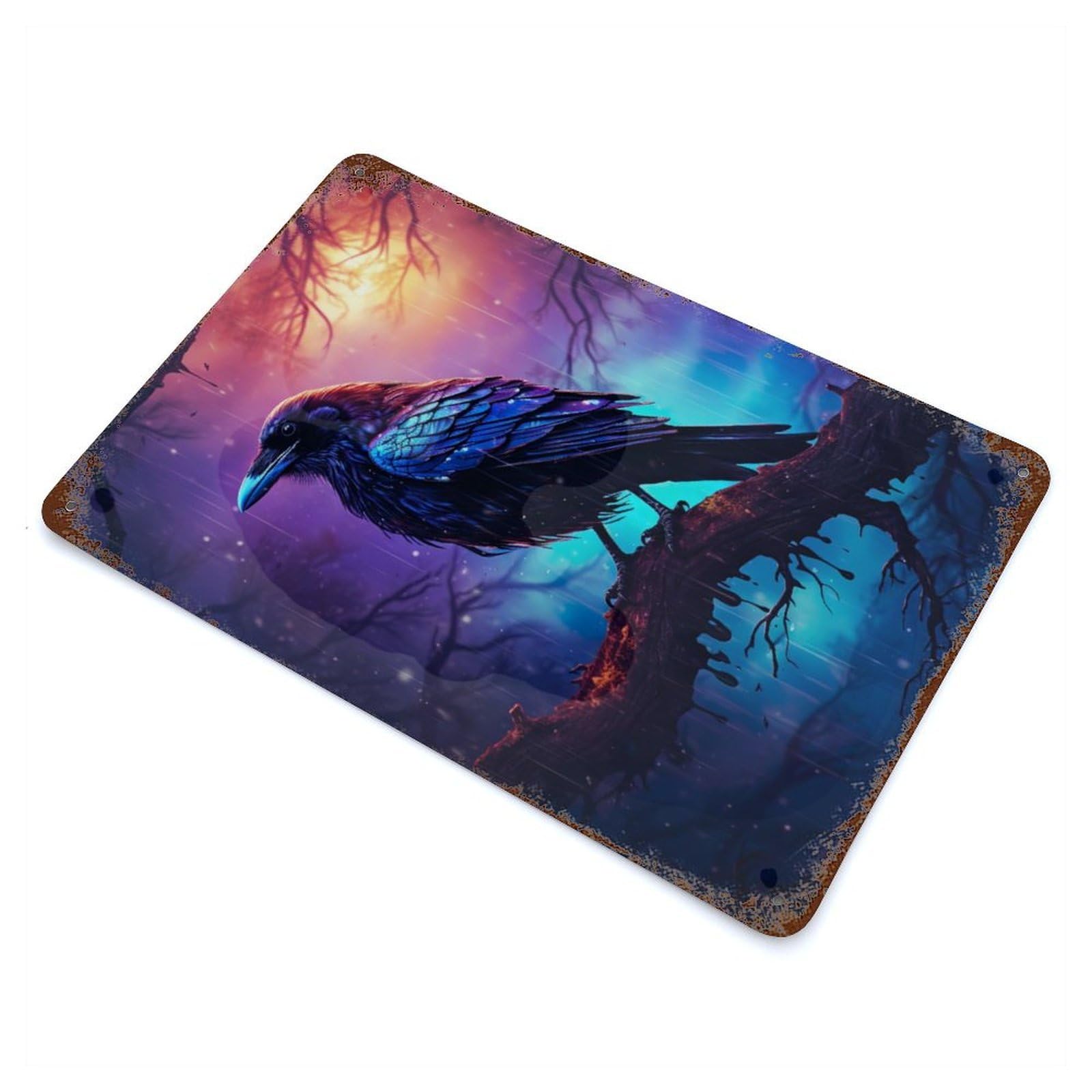 Weathered Tin Sign with Epic Rainy Crow Design 11.8"x7.9", for Basement, Hobby Room And Garage Decor, Industrial Home Decor