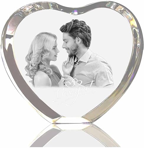 personalizado personalizado grabado láser 3D, marco de fotos personalizado en forma de corazón con cristal grabado láser, boda, inauguración de la