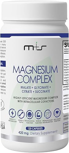 M+S Complejo de magnesio  420 mg de glicinato de magnesio, citrato de magnesio, malato de magnesio, promueve huesos saludables, apoya las funciones