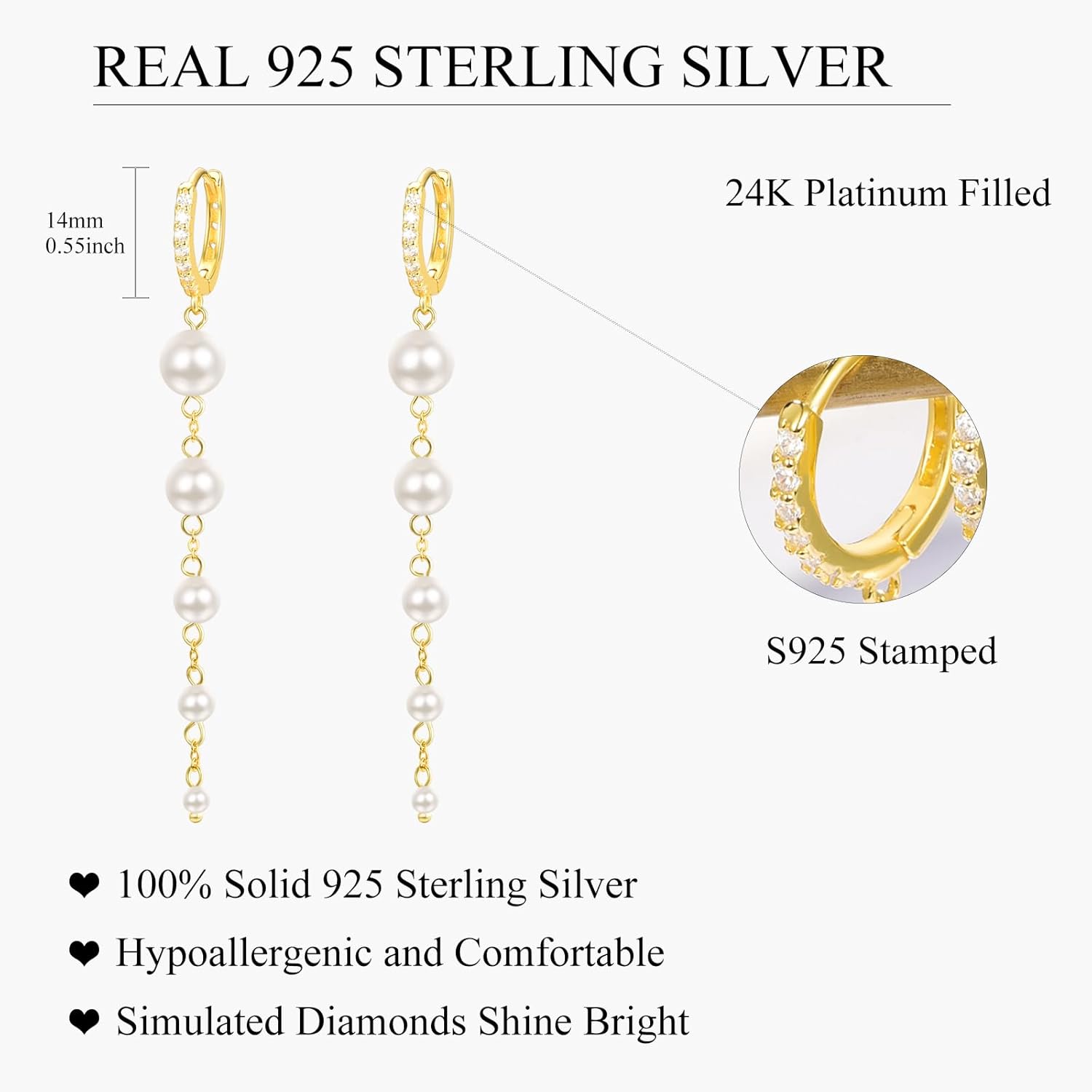 AENEAS Valentines Day Gifts for Women Long Pearl Dangle Drop Earrings for Women Gold Plated 925 Sterling Silver 5 Pearl Dangling Hoop Earrings Gold Jewelry Anniversary Christmas Birthday Gift for Wife Her Mom - Image 5