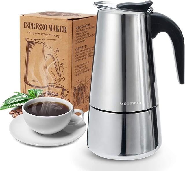Godmorn Stovetop Espresso Maker, Italian Coffee Maker Moka Pot, 200ml/4 Cup (Espresso Cup=50ml), 430 Stainless Steel Classic Cafe Maker, Suitable for Induction Cookers