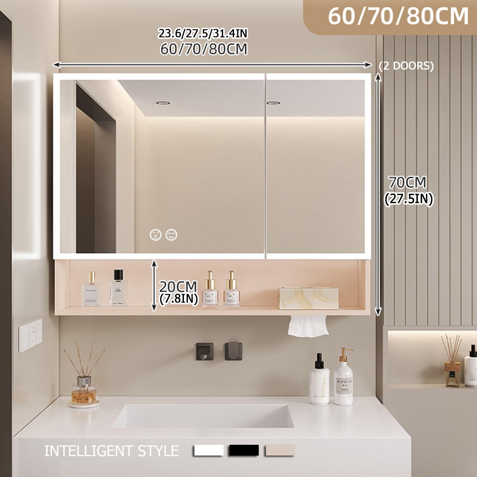 Armario espejo baño con luz,armario baño con espejo y luz led,LED espejo con almacenaje de maquillaje,armario baÃo con Interruptor Táctil,visualización de la hora(Beige,W70*H70cm/W27.5*H27.5in)