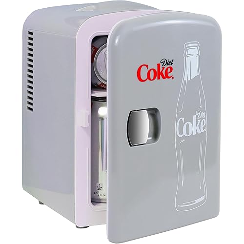 Diet Coke Mini Fridge - Refrigerator for Bedroom Office, Portable Table Top Beverage Cooler, 12V 110V Refrigerador For Drinks, Soda, Wine, Use In Car, Dorm, Outdoor, Patio, 6 Can