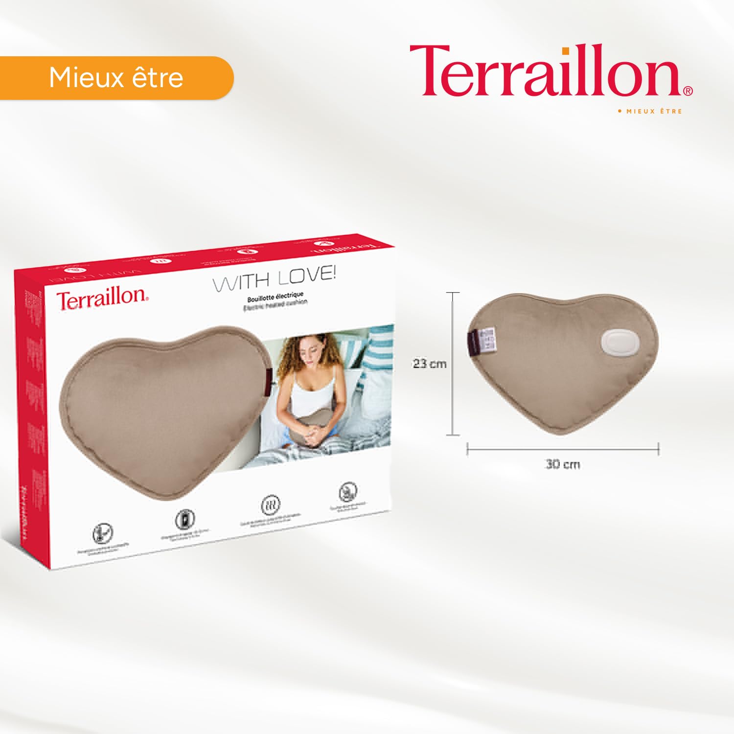 TERRAILLON - WITH LOVE, Bouillotte électrique, finition velours, Chargement rapide 8-12 min, Jusqu'à 6h de chaleur, Soulager les douleurs musculaires-menstruelles-articulaires, Rose beige