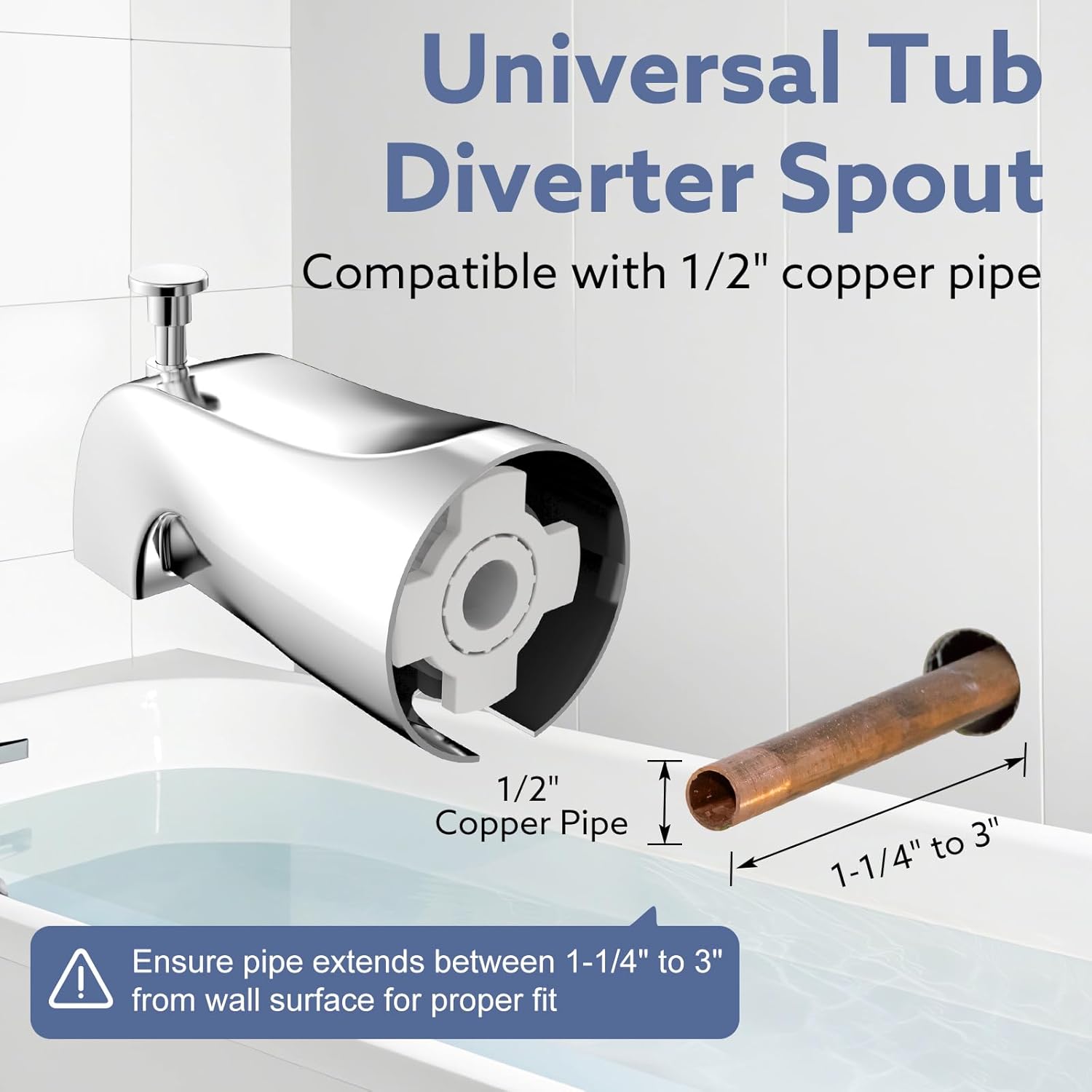 Tub Spout with Diverter – Slip-Fit Bathtub Faucet Spout Replacement, 1/2” Copper Pipe Connection, Easy to Install, Universal for Bathroom Shower (Chrome)