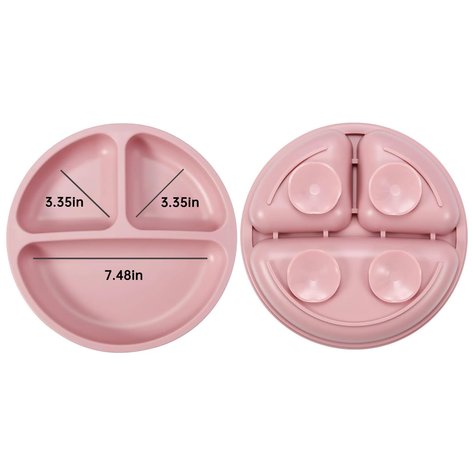 PandaEar Assiettes à succion en silicone pour bébés et tout-petits, lot de 3 assiettes divisées incassables avec couvercle - Lavable au lave-vaisselle et au micro-ondes (Rose Vert Beige clair)