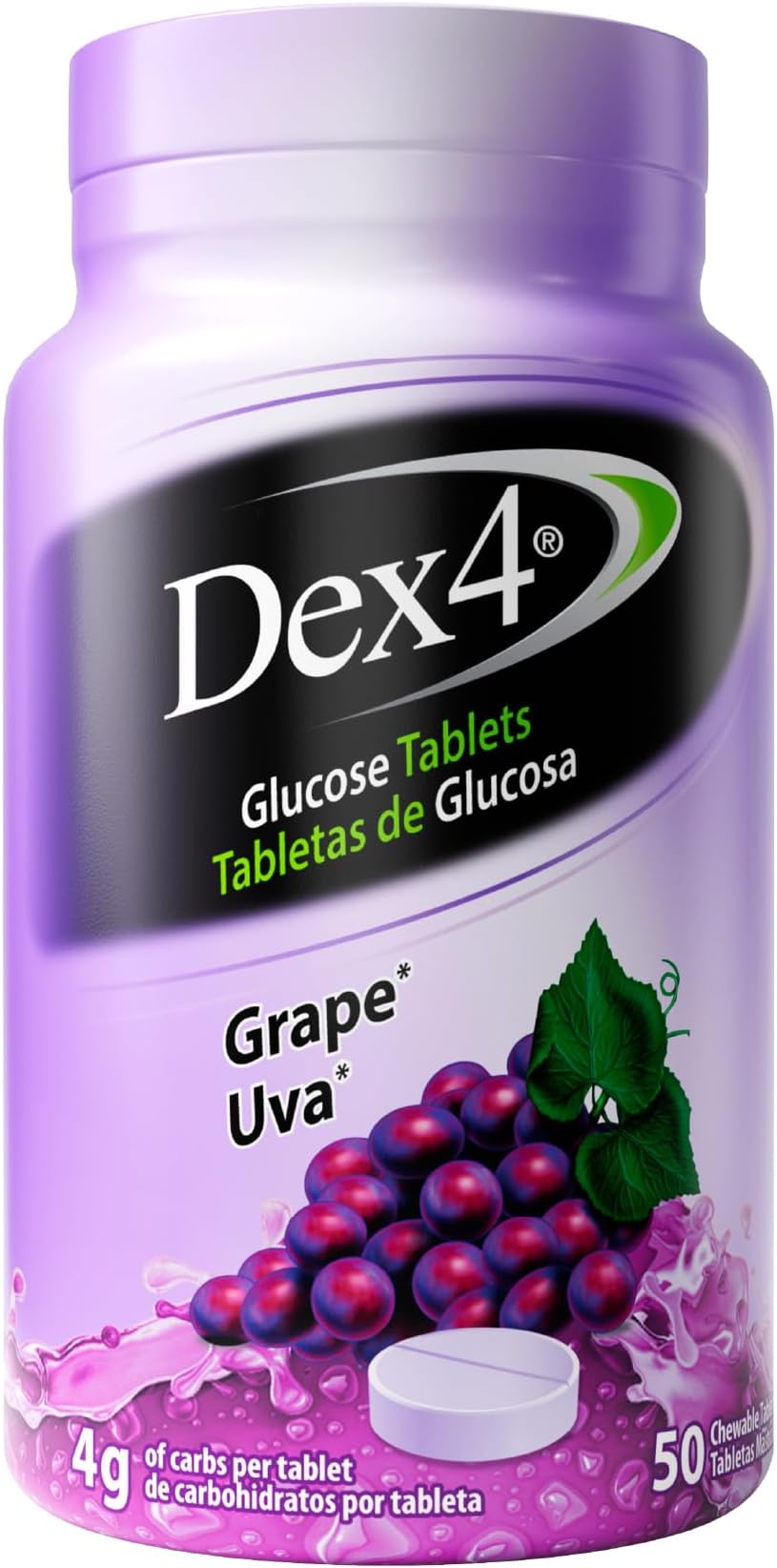 Dex4 Glucose Tablets, Fast Acting Glucose, 4g Pre-Measured Glucose per Tablet, Fat-Free, Gluten-Free, Grape, 50 Count Bottle