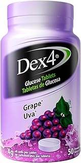 Dex4 Glucose Tablets, Fast Acting Glucose, 4g Pre-Measured Glucose per Tablet, Fat-Free, Gluten-Free, Grape, 50 Count Bottle