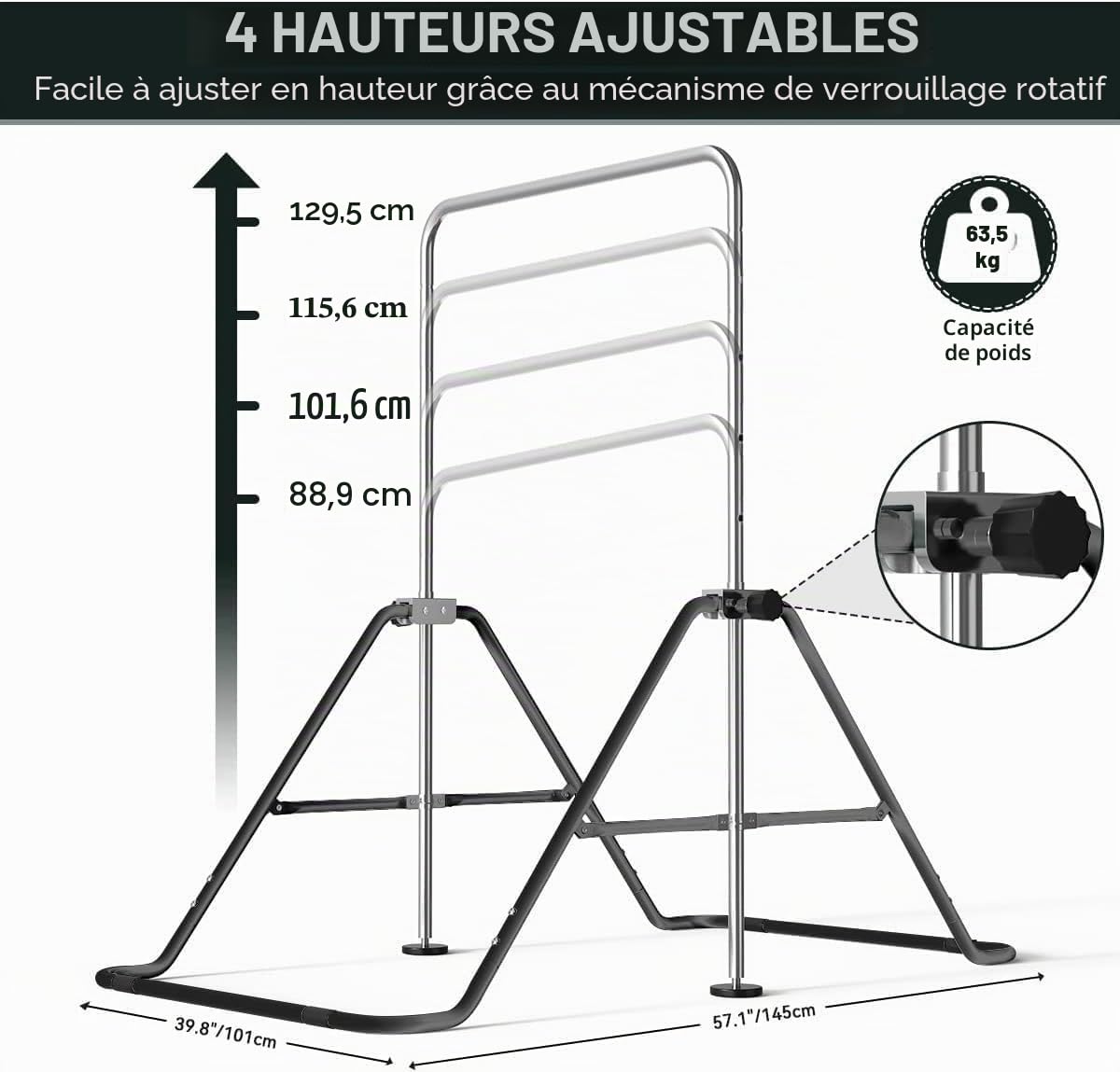 FBSPORT Barre de Gymnastique Enfant Pliable avec Hauteur Réglable Et Anneaux, Barre de Gym Intérieur Exterieur pour Junior Enfants à Domicile Noir | Barre de Gym Intérieur Exterieur pour Junior Enfants à Domicile