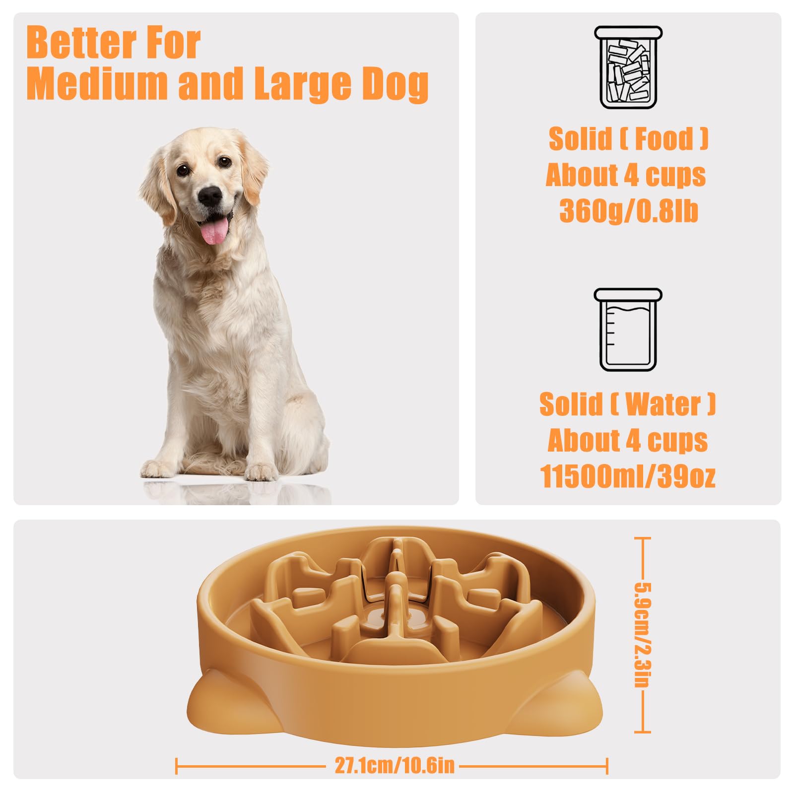TOKAYIFE Ciotola anti ingozzamento 27.1cm Cibo lento per animali domestici Ciotola per cani e gatti Anti-rigurgito Antiscivolo Durevole (L, Arancione)