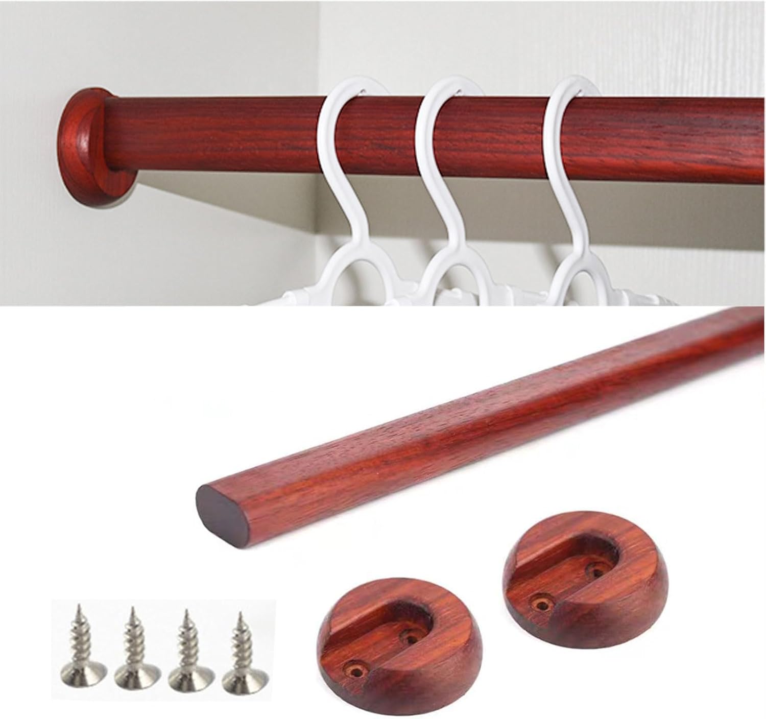 1pcs Oval Wooden Closet Rod,Heavy Duty Closet Pole Includes End Supports, Wardrobe Tube CUSTOM CUT TO SIZE. Up To 59 Inches Long(Size:140cm(55.1inch))