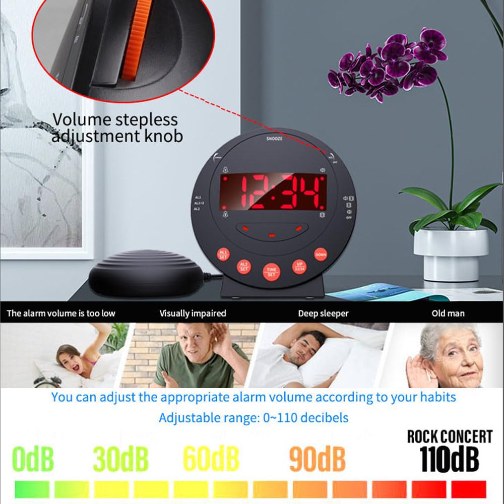 TS-BC600 Reloj Despertador con vibración Fuerte y luz de Flash para agitar la Cama Brillo Ajustable Snooze Ajuste de Alarma Dual Pantalla LED USB