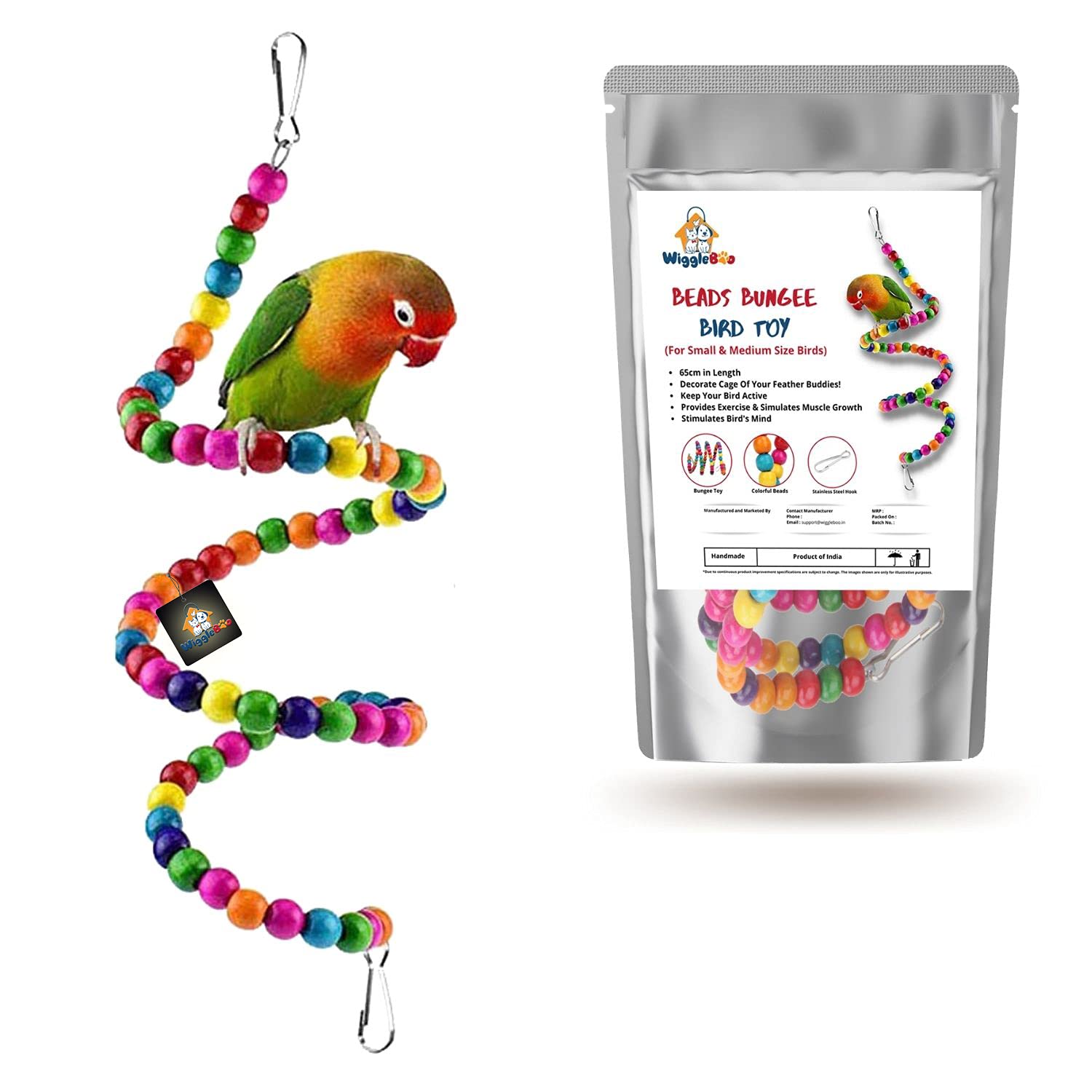 WiggleBoo Bird Bungee Spiral Toy | Engaging Hanging Cage Toy for Exercise, Climbing, Swinging, Rocking & Chewing | Enhance Balance, Coordination, and Fun for Small & Medium Birds Entertainment (65cm) (B097PLZGCP) Amazon Price History, Amazon Price Tracker