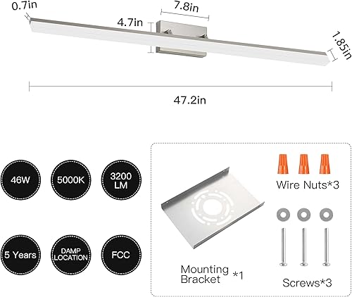 Miniatura 6 de Lámpara de tocador de baño de 48 pulgadas, lámpara LED moderna sobre el espejo, regulable, 46 W, 5000 K, blanco frío, lámpara de tocador, barra de