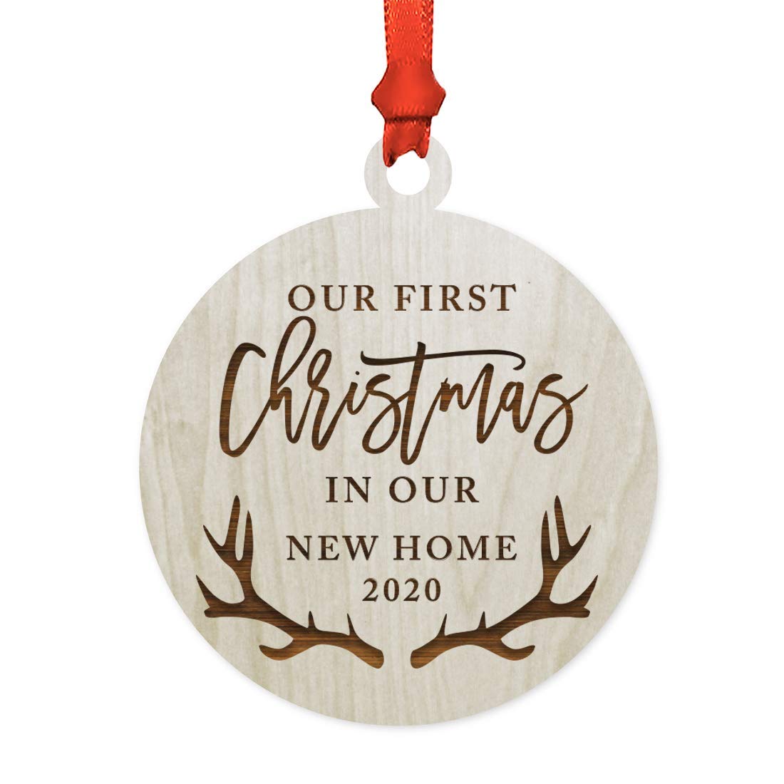 Andaz Press Custom Year Laser Engraved Wood Christmas Ornament, First Christmas in Our New Home 2019, Deer Antlers, 1-Pack, Includes Ribbon and Gift Bag