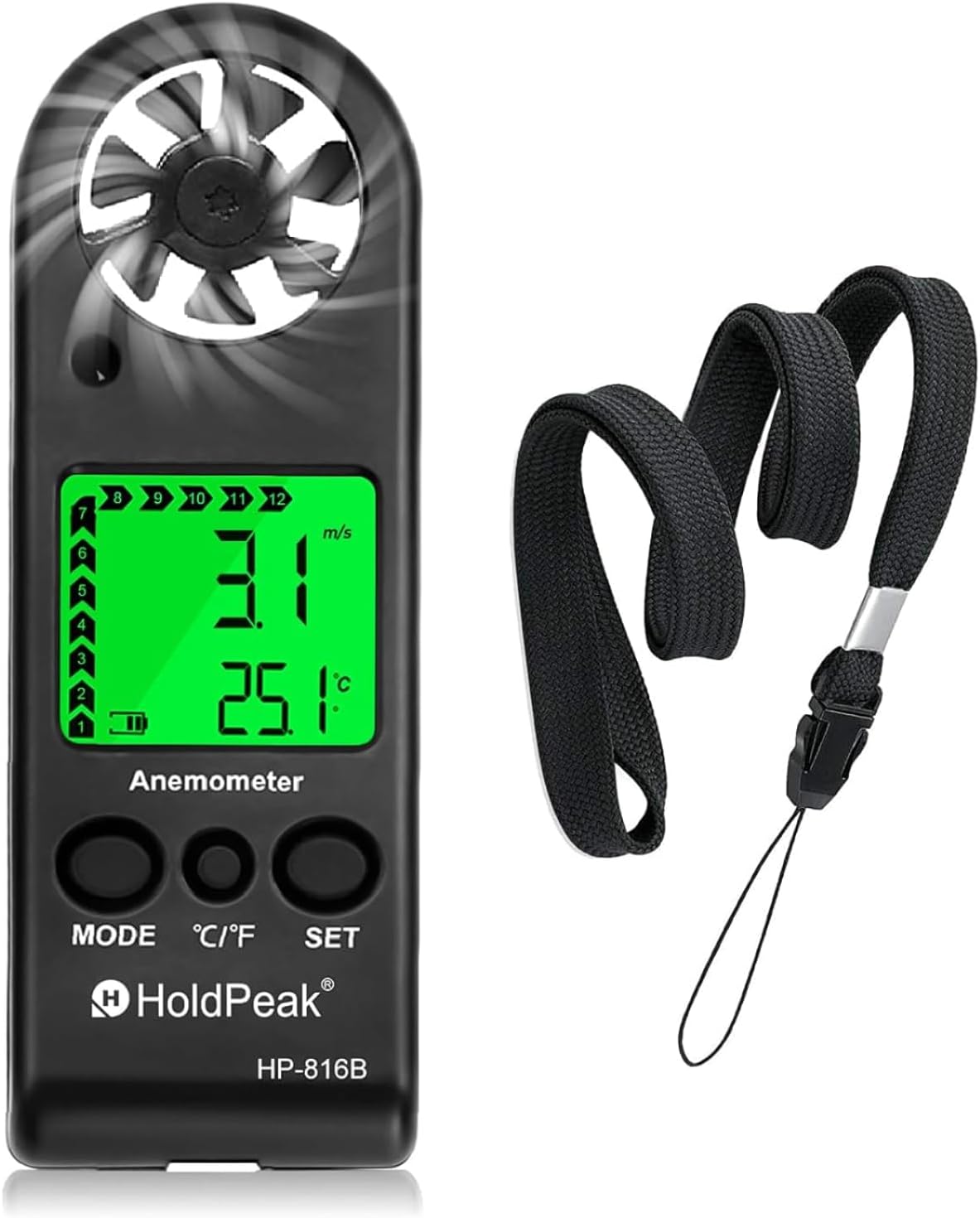 HOLDPEAK Pocket Anemometer Handheld Digital Wind Speed Meter Gauge Air Flow Velocity Temperature Measuring Device for Outdoor Sailing Surfing Drone Flying Golf Shooting HVAC 816B