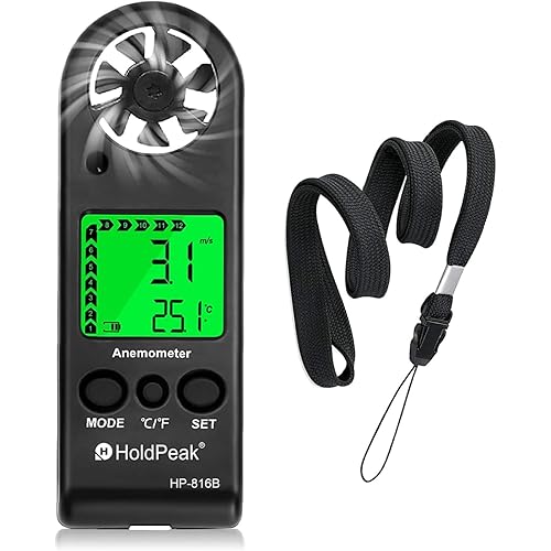 HOLDPEAK Pocket Anemometer Handheld Digital Wind Speed Meter Gauge Air Flow Velocity Temperature Measuring Device for Outdoor Sailing Surfing Drone Flying Golf Shooting HVAC 816B