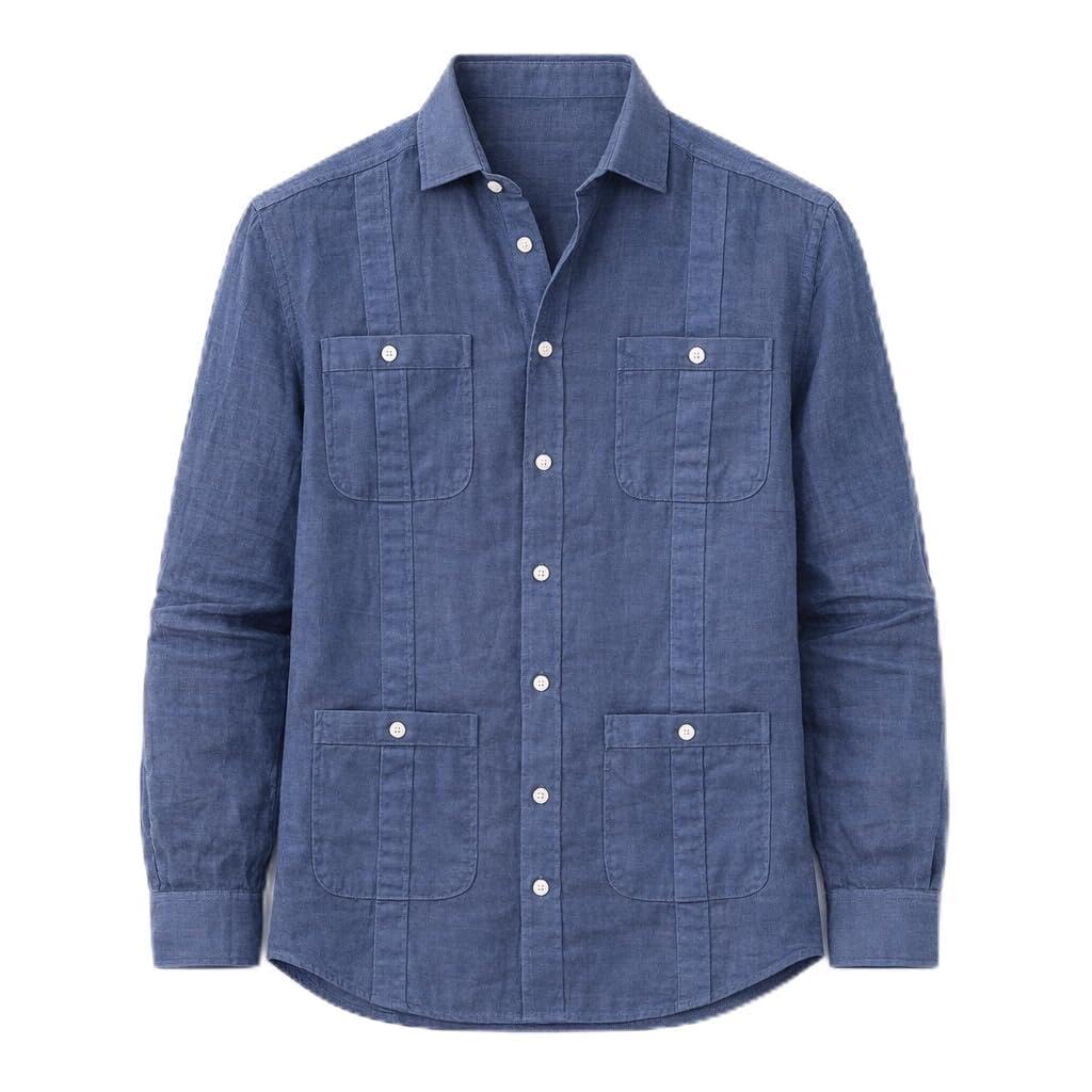 Camisa Guayabera de Lino para Hombre, Manga Larga con 4 Bolsillos y Alforzas, Estilo Cubano Casual para Playa, Verano y Bodas, Transpirable y Ligera