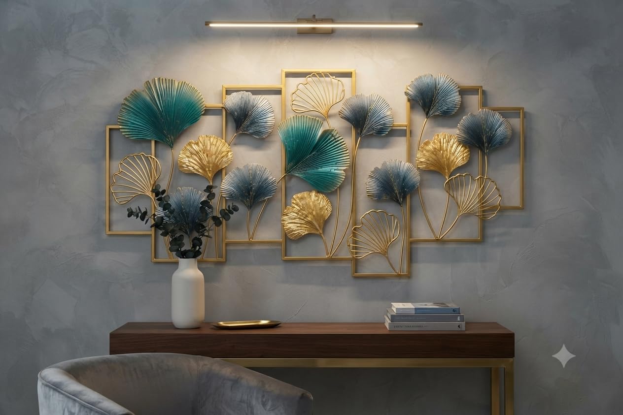 SMILES GIFT Luxury Imported Wall Hanging | Large 3D Gold & Teal Metal Wall Hanging | Ginko Leaf Sculpture for Home Decor for Living Room & Office-image-1