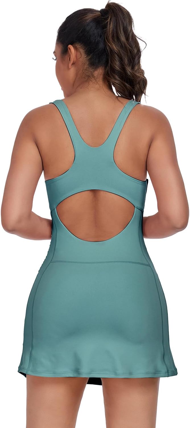 Women's Tennis Dress with Built in Shorts and Bra Workout Mini Dress Square Neck Athletic Skort Dress Golf Outfits - Image 2