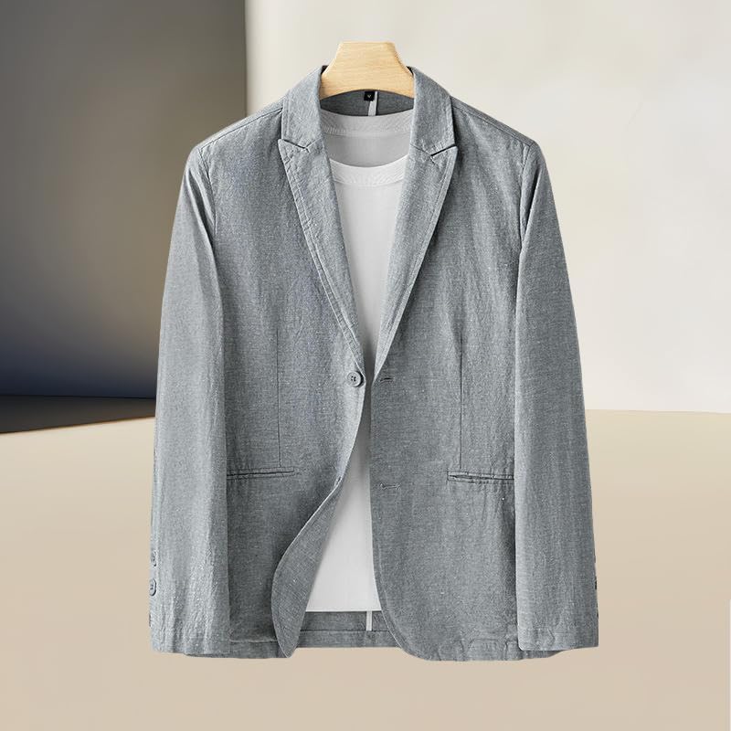 Men's Spring Simple Loose Fit Solid Color Linen Single Breasted Two Button Polyester Cotton Long Sleeve Blazer