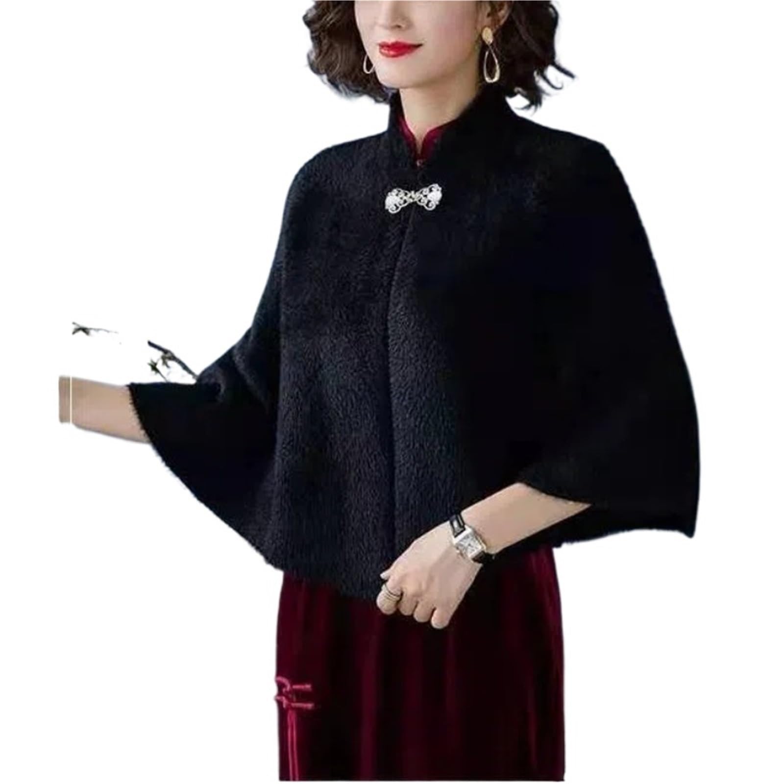 Poncho invernali in lana cheongsam mantelle autunno donna solido colletto alto un bottone temperamento top