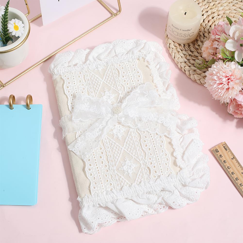CRASPIRE White Lace Book Cover Cloth Book Protector Fits for A5 Notebook Wraps Polyester Fabric Bowknot Flower Reusable Washable Soft Sleeve Accessories for Textbook Notebook Paperback Hardcover - Image 3