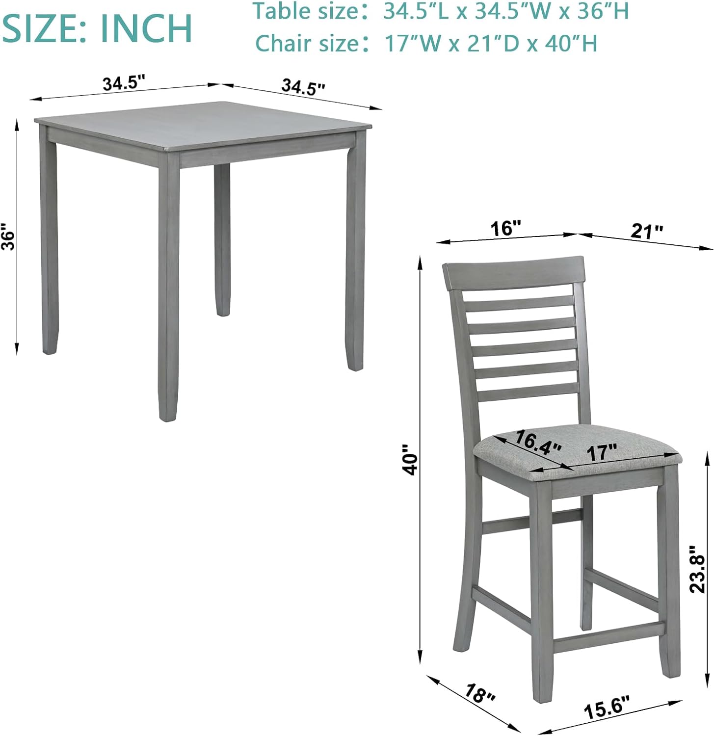 LUMISOL 5-Piece Solid Wood Dining Table Set for 4, Farmhouse Counter Height Kitchen Table Set for Kitchen, Dining Room, Home Bar, Grey