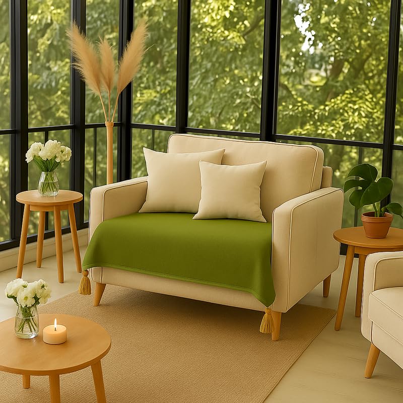 Image of Olive Green Tassels Designer 1 Seater Throw Water Proof Sofa Cover with Tassel Set - Home Decor- Sofa Seat Cover-Fits Single Seater Sofa -Set of Seat Cover & 2 HandRest Covers|