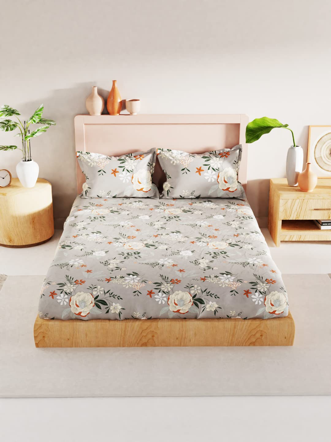 BIANCA 192TC Bamboo Micro King Bedsheet with 2 Pillow Covers -3Pc Set (Tokyo-Bay) Floral-Lt.Grey