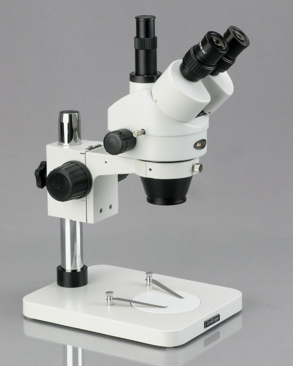 AmScope SM-1TS Professional Trinocular Stereo Zoom Microscope, WH10x Eyepieces, 7X-45X Magnification, 0.7X-4.5X Zoom Objective, Ambient Lighting, Pillar Stand