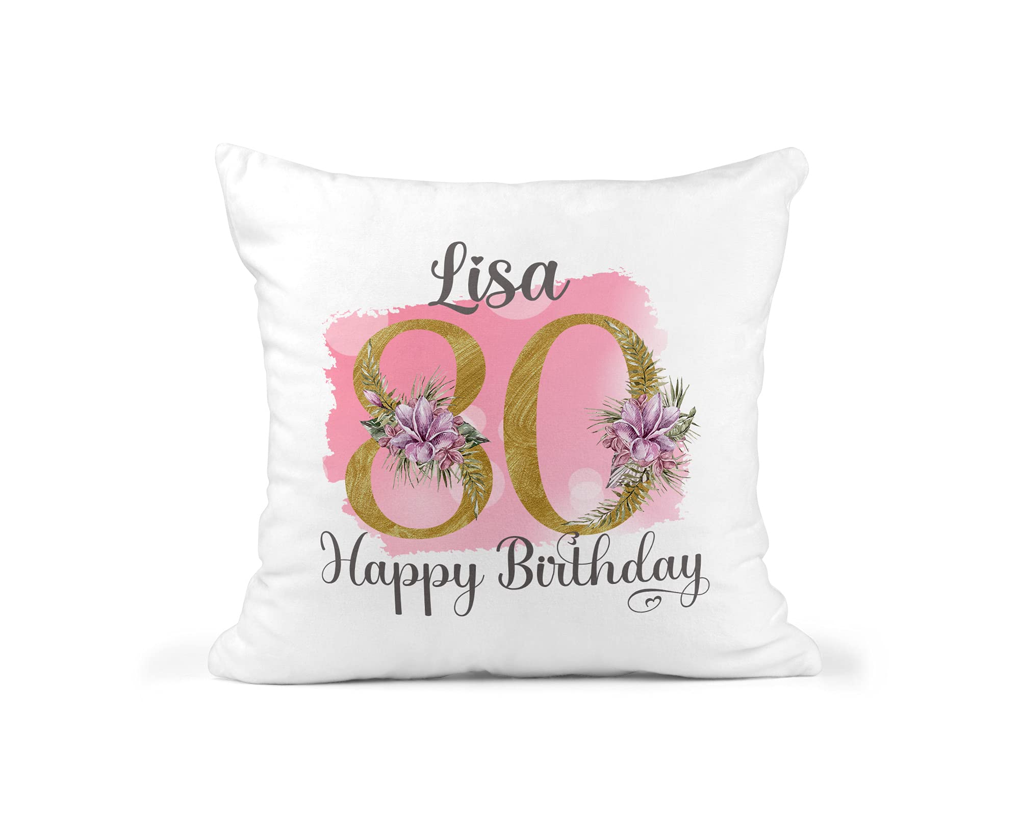 Personalised 80th Birthday Cushion - Custom Name - Gold - Style 80 Floral Design โ image 1