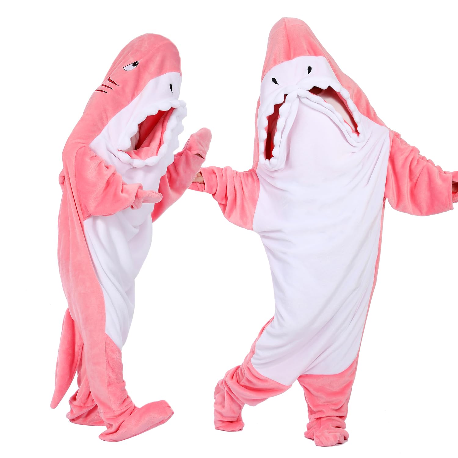 WENGTY Shark-Themed Blanket Hoodie for Adults and Kids–Cozy Shark Sleeping Bag&Onesie Costume (Pink M For Height 55