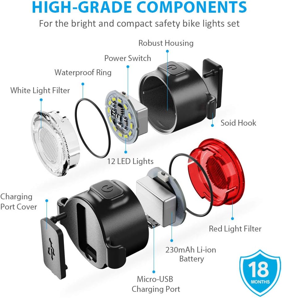 BYB USB Rechargeable Bike Light Front and Back, Safety Bicycle Headlight and Rear LED Bike Light Set, 6 Light Mode Options, IPX4 Waterproof, 2 USB Cables and 4 Straps Included for Easy to Install
