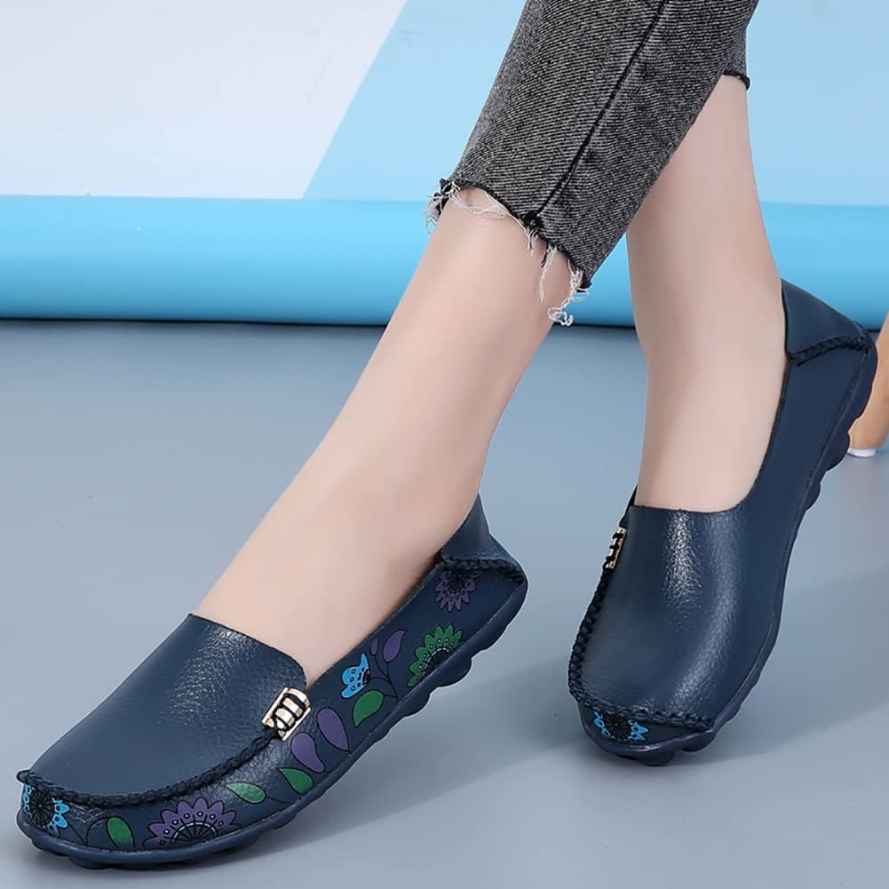 FolHaoth Women's Comfortable Leather Loafers Floral Print Slip On Moccasins Flats Casual Shoes for Women Round Toe Walking Nurse Breathable Driving Fashion Soft Shoes 9 Deepblue image 5 of 5 B09VYR4X8C