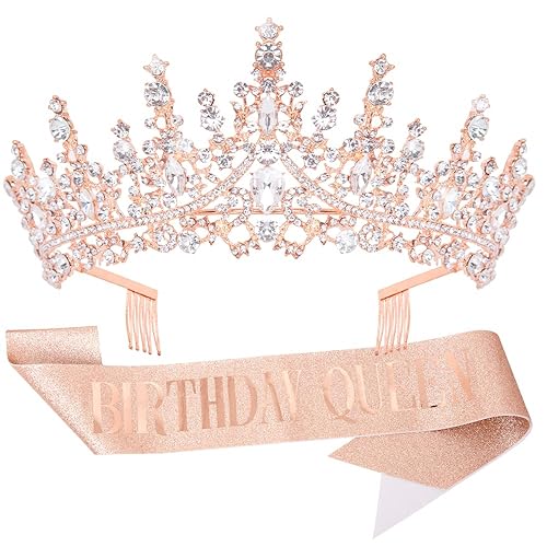 Corona de cumpleaños de cristal de oro rosa para mujer, tiara de reina de cumpleaños con peines con purpurina, banda de cumpleaños, decoración de
