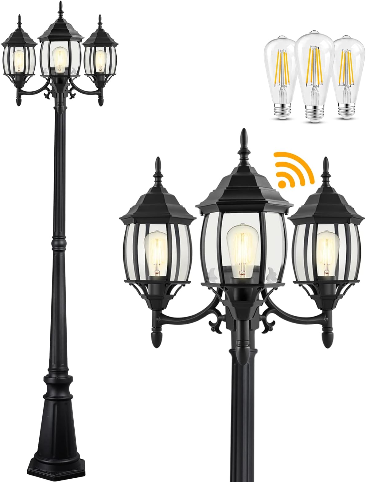 Dusk to Dawn Sensor Outdoor Lamp Post Light 3-Head, Classic Black Light Pole with Clear Glass Panels (3 LED Bulbs Included, Max.100W), Waterproof Outside Street Light for Backyard, Garden, Driveway