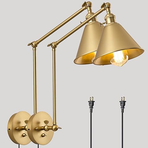 NKJORTPPL Juego de 2 apliques de pared con brazo oscilante, modernas lámparas de pared con cable Industrail enchufables, lámpara de pared ajustable