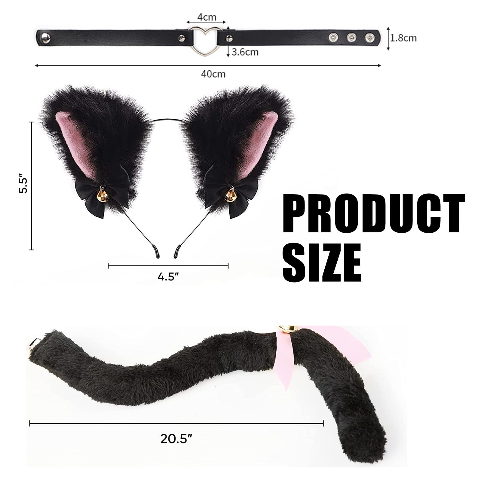 3PCS Cat Cosplay Costume Set, Black Cat Ears Headband with Bells, Adjustable Tail - Image 4