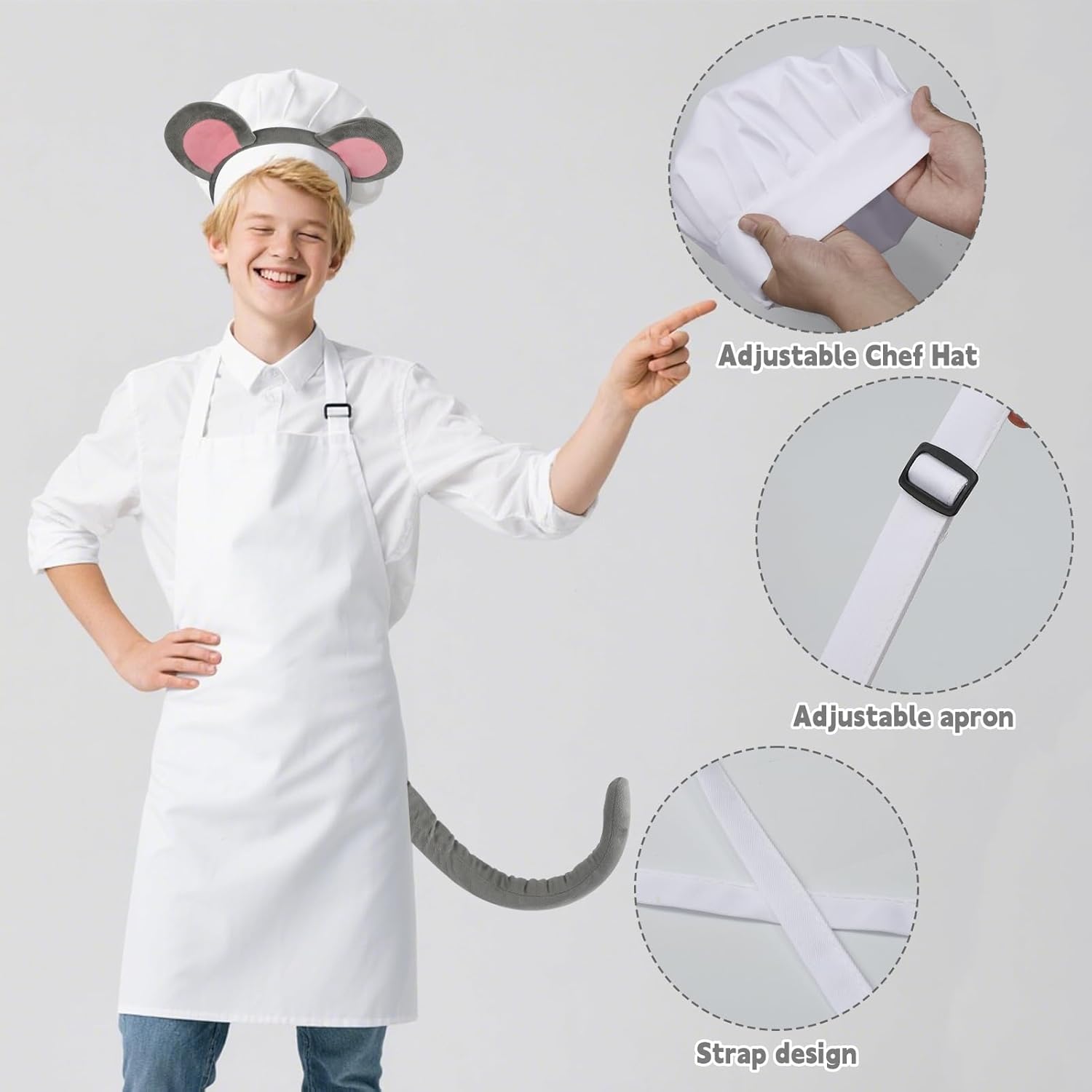 5 Pcs Couple Mouse Costume Accessories for Man and Woman with Adjustable Apron Chef Hat Mouse Headband Tail and Bow Socks for Women Men Halloween Cosplay Party - Image 3