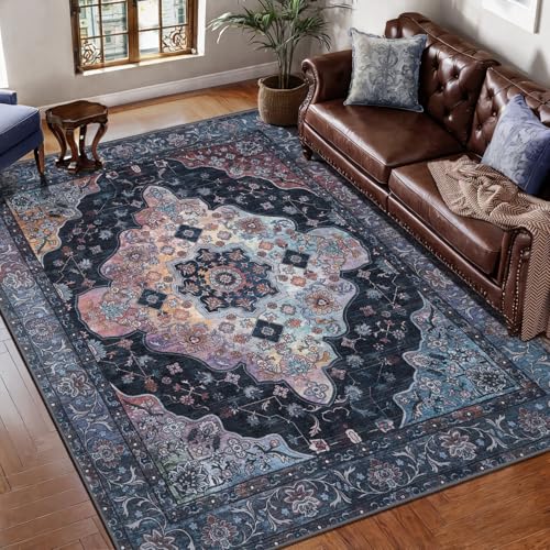 Image of Tangsoo Vintage 3x5 Rugs, Washable Non Slip Accent Rugs for Entryway Blue