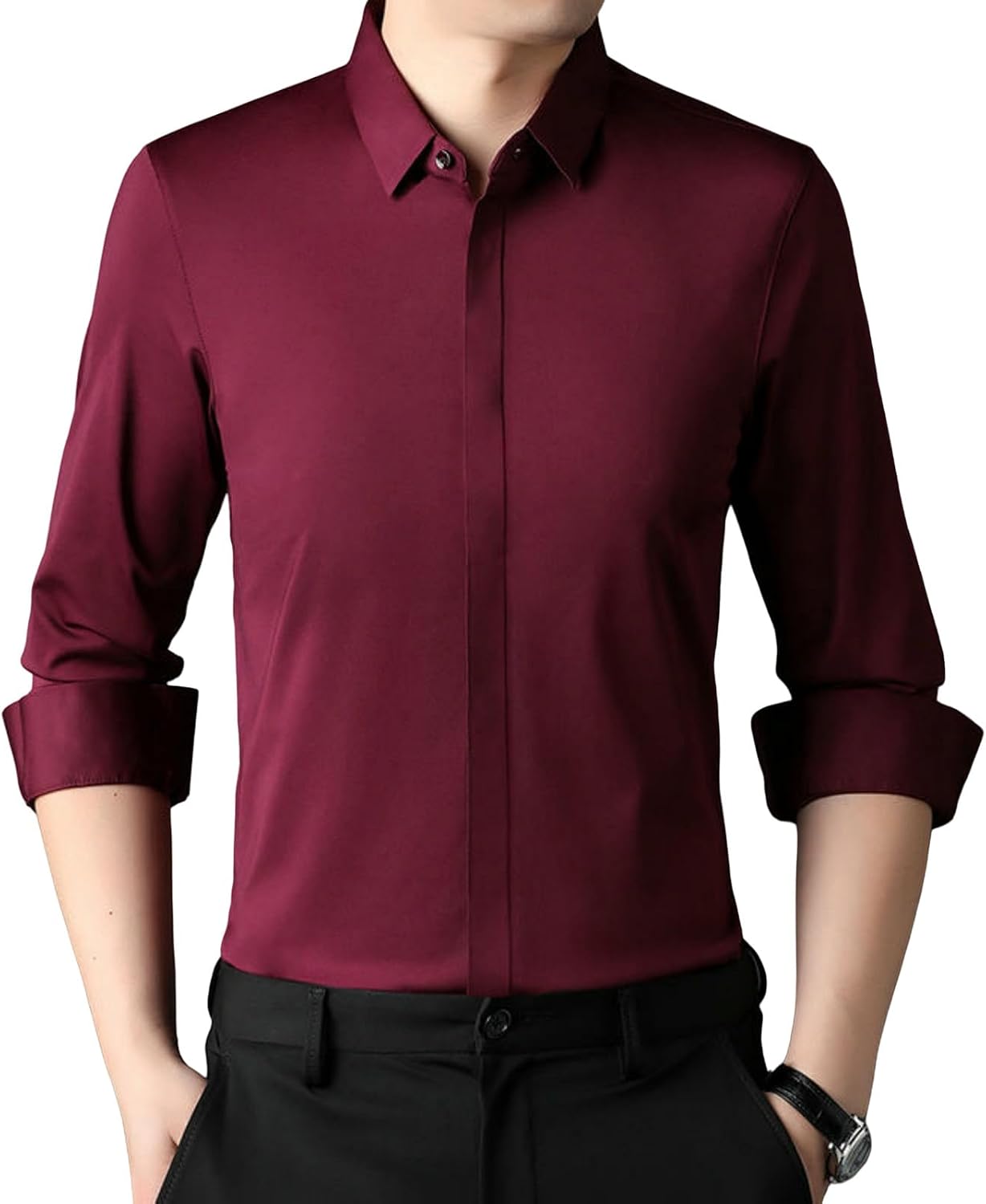 Men's Spring Casual Anti-Wrinkle Wrinkle-Free Hidden Placket Seamless Long Sleeve Shirt