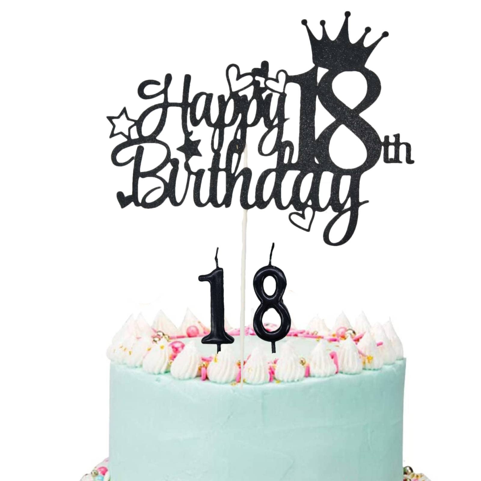 Buy Black Glitter Happy 18th Birthday Cake Topper with 18 candles ...