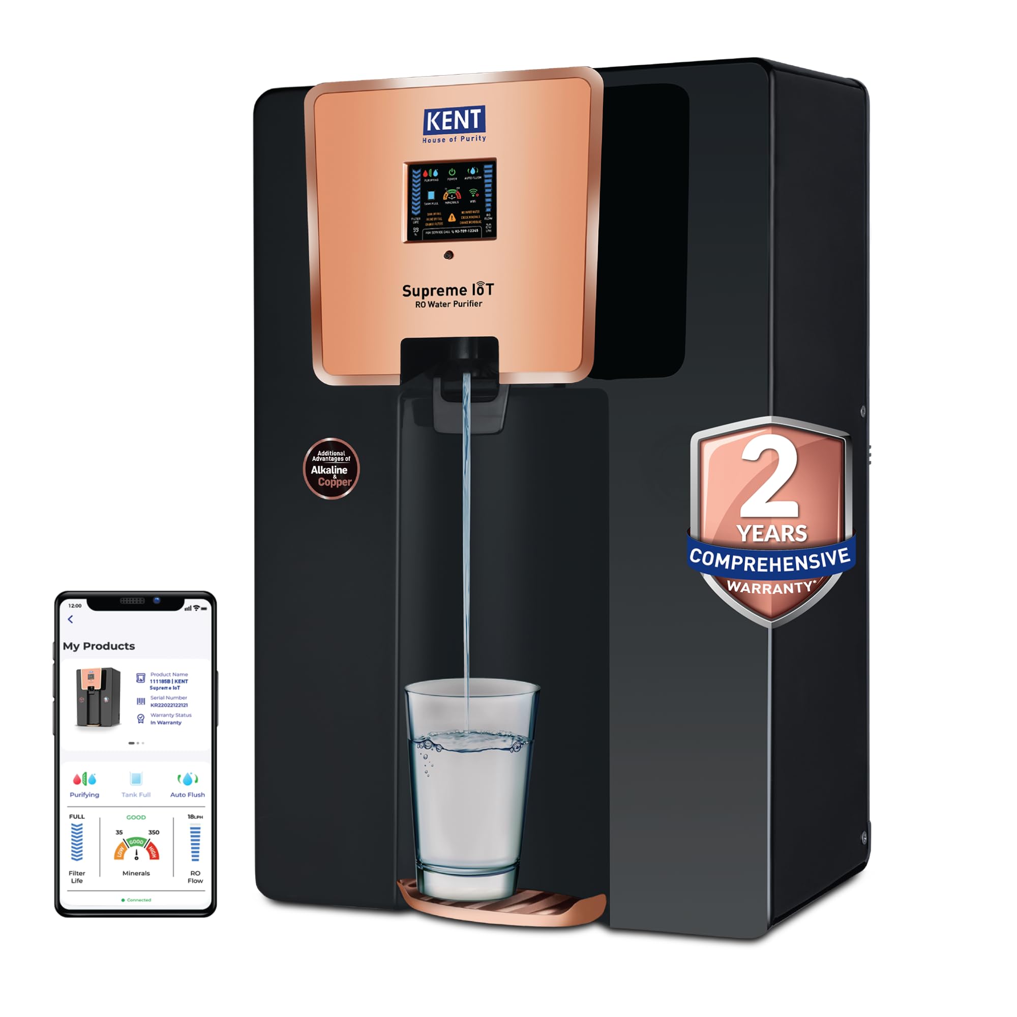 KENT Supreme IoT RO Water Purifier| RO+UF+UV+Alkaline+Copper+TDS Control+UV In-Tank | IoT Enabled | Real-Time Monitoring | 8L |20LP/Hr| Ideal For Borewell/Tanker/Municipal Water | 2Yrs Warranty|Black-image-43