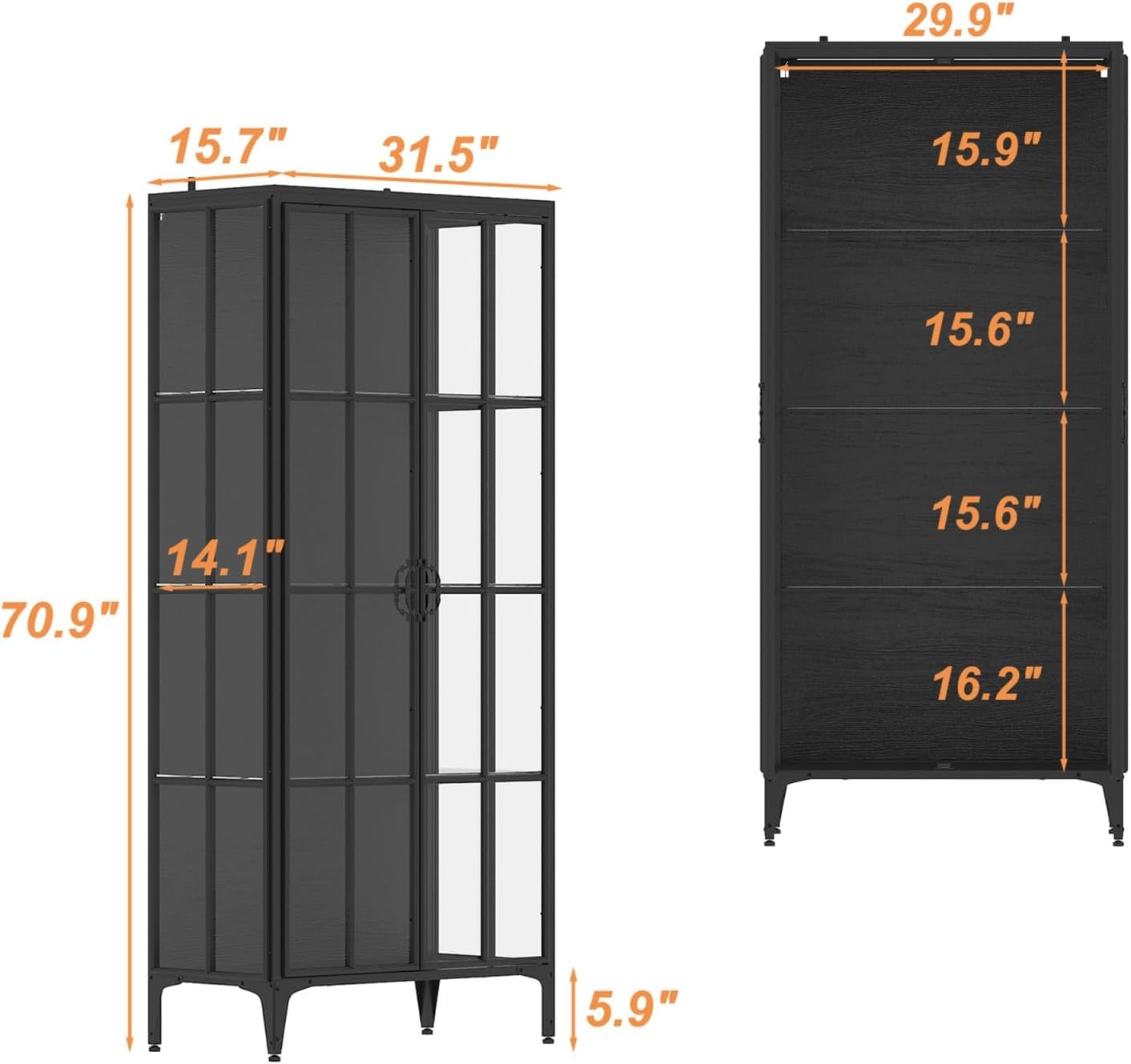 Display Cabinet with Glass Doors & LED Lights, Storage Cabinet with 4 Tier Glass Shelves & Metal Frame, Black, 31.5”W x 15.7”D x 70.9”H