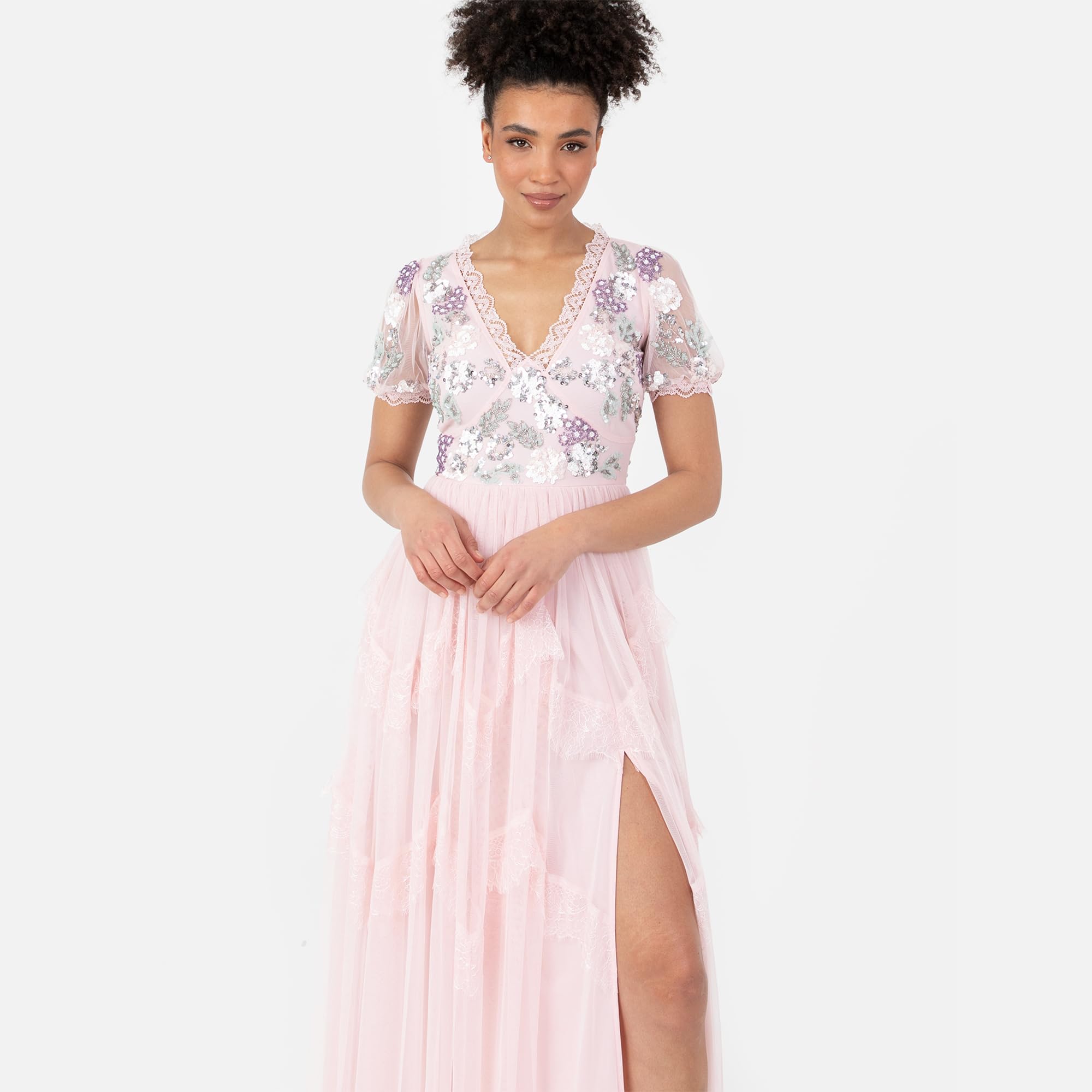 Maya Deluxe Damska sukienka maxi z krótkim rękawem z dekoltem w serek, wybijana koronka, tiulowa, rozcięta, linia A, dla panny młodej, różowa, 40, Crystal Pink, 40