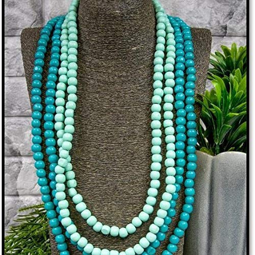 Necklace wooden beads handmade woman accessories beaded jewelry layered multi strand colorful green turquoise blue hand made everyday statement vintage fashion natural organic small round gift